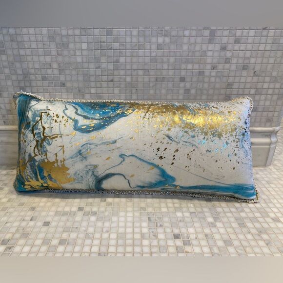 Anthropologie Other - Anthropologie Silk Blue and Gold Lumbar with Stone Trim